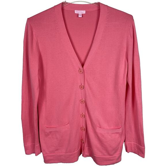 Lilly Pulitzer Cardigan Sweater Size L Salmon Pink Long Line Pockets Tropical - Picture 1 of 12